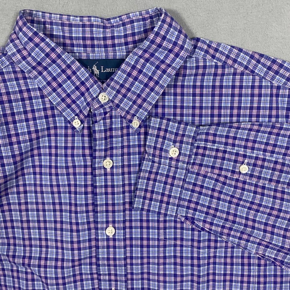 Ralph Lauren Polo Shirt‎ Mens XL Classic Fit Cotton Stretch Blue Purple Plaid